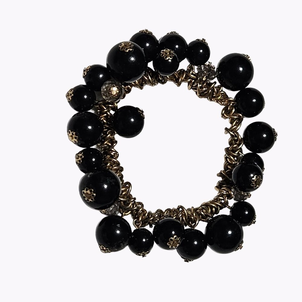 Elegant Black Resin Beaded Gold Tone Cha Cha Bracelet Statement Fashion Jewelry